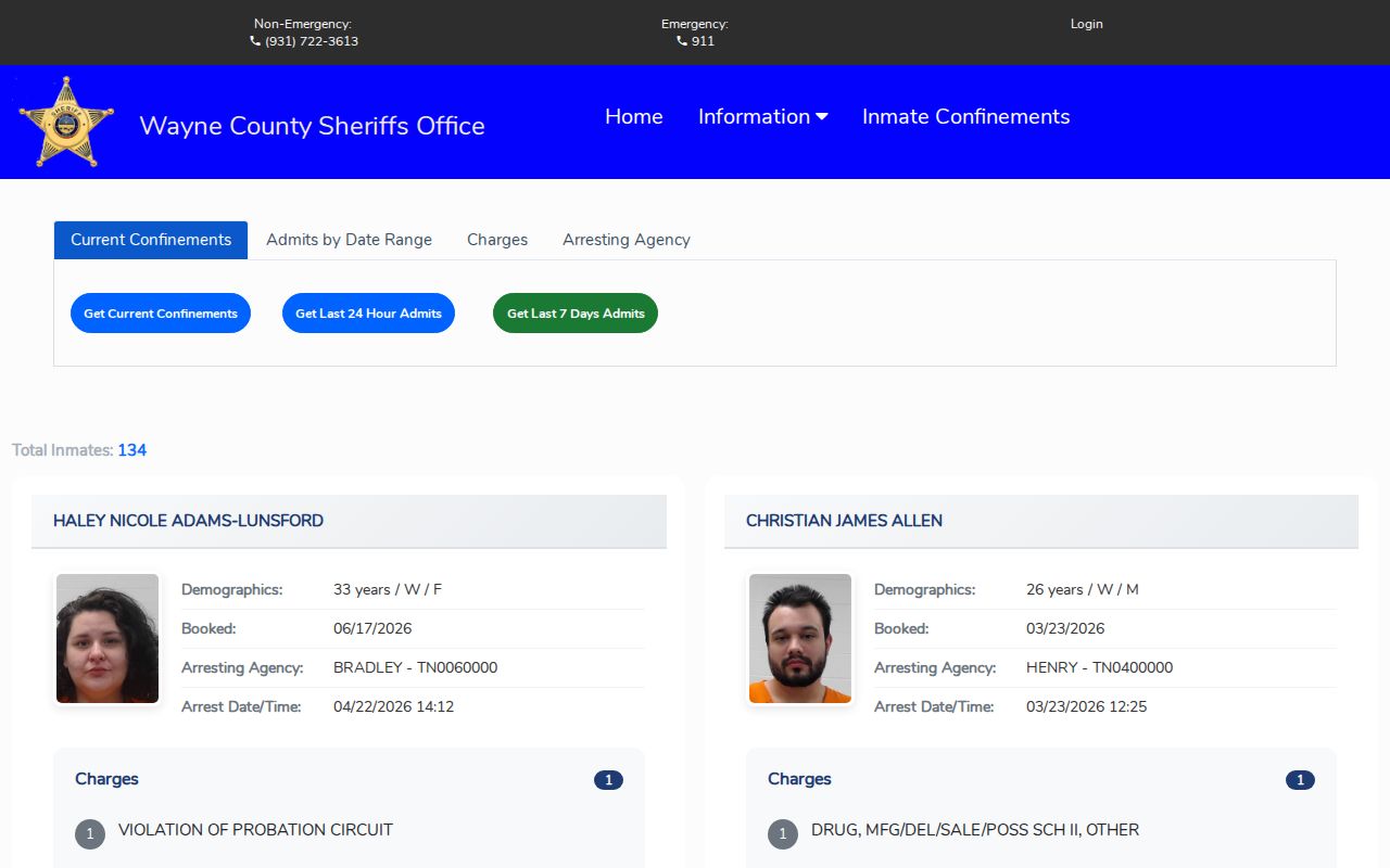 Wayne County warrant search reference, confinement interface date and charge controls