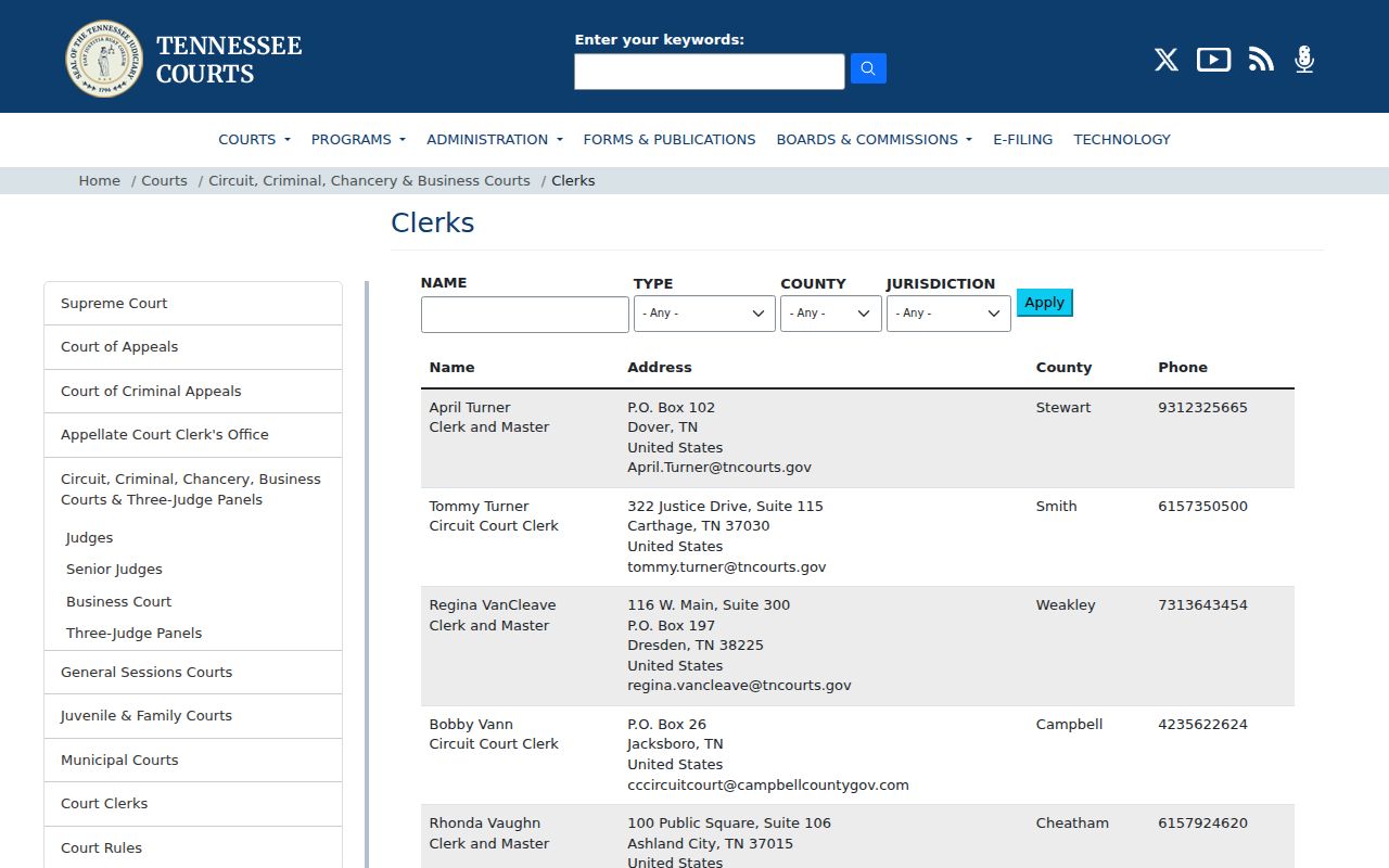 Wayne County bench warrant records reference, Tennessee Circuit Court clerk directory