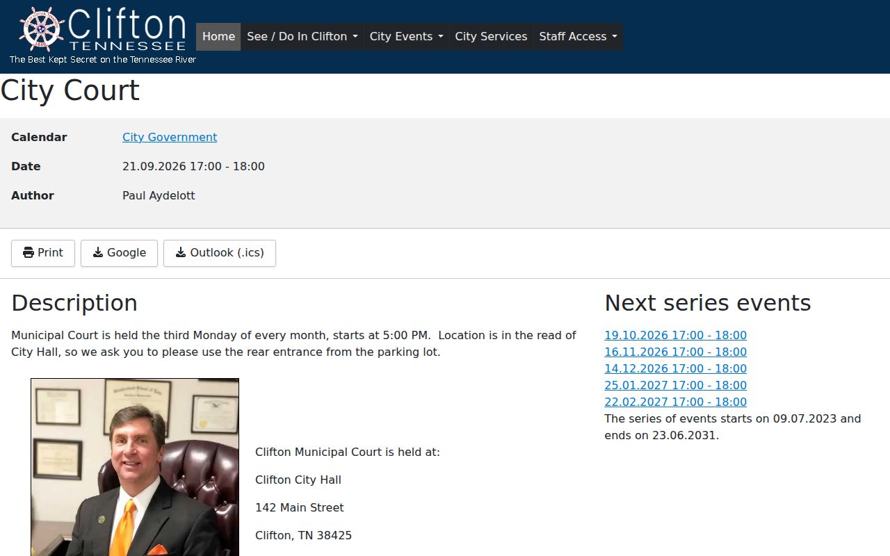 Wayne County traffic warrant records reference, Clifton Municipal Court calendar at City Hall